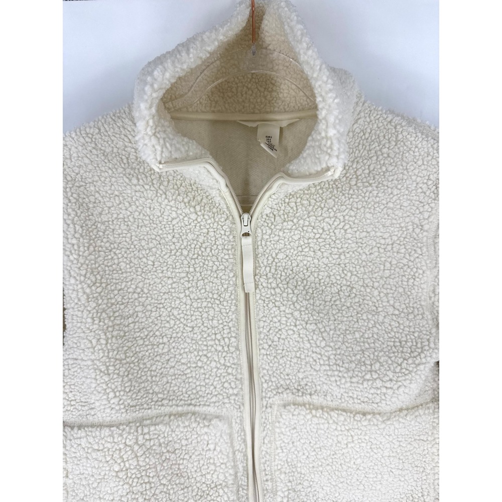 H&M Cream Teddy Fleece Zip Up Jacket Faux Fur Cropped Pockets S‎